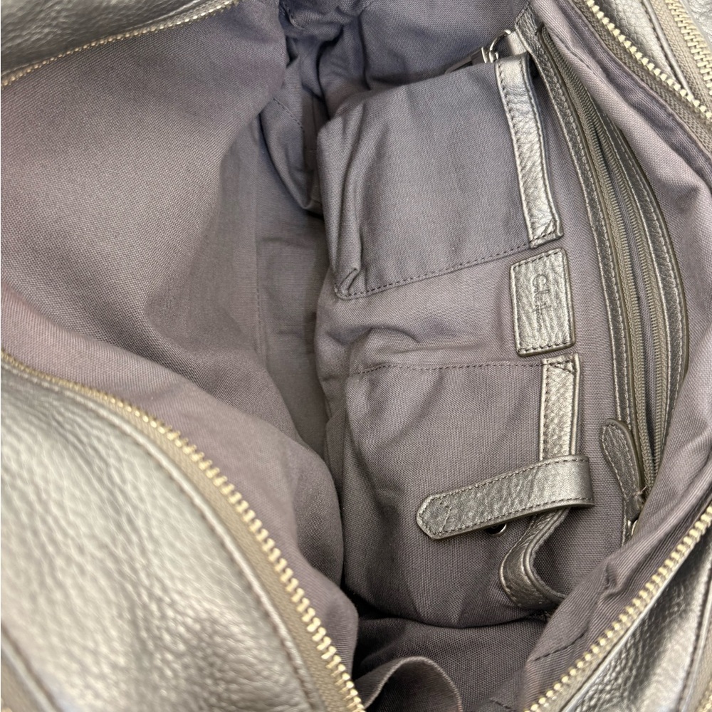 Cole Haan Silver Pebbled Leather Satchel Shoulder Bag Double Handle Zip Top - Picture 15 of 16